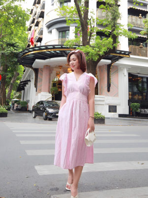 Váy đầm kẻ gile cổ Y bèo tay Pink Stripe