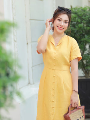 Váy đầm cổ bẻ hàng cúc bọc Yellow 1