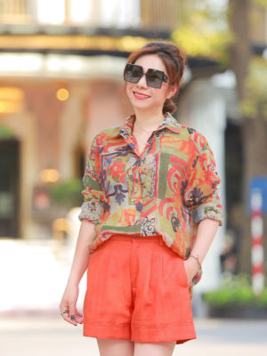 Áo sơ mi cổ đức bổ trụ giặt vặn Orange Floral 2