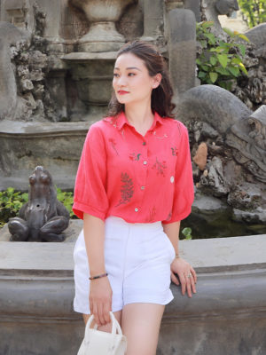 Áo sơ mi cổ đức thêu thân áo Red 1