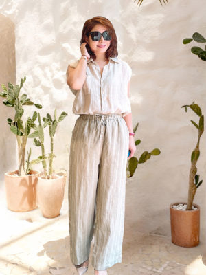 Quần kẻ sọc cạp chun rút dây Beige Stripe