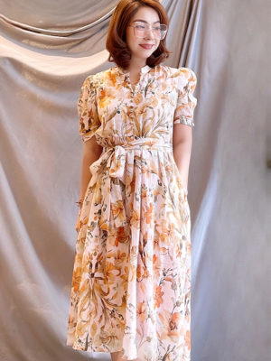 Váy đầm can dúm eo cổ tàu nhiều cúc bọc Beige Floral