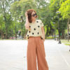 Áo chấm bi cổ V tay liền Beige 1