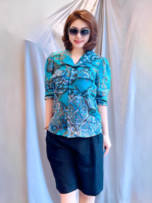 Áo cổ sam túi ngực, tay áo xếp ly Blue 3