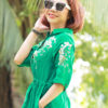 Váy đầm sơ mi cổ Y thêu ngực và tay áo, rút dây eo Green