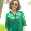 Váy đầm sơ mi cổ Y thêu ngực và tay áo, rút dây eo Green