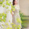 Váy đầm cổ Y can ly eo, chun cửa tay Purple Floral