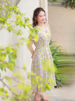 Váy đầm cổ Y can ly eo, chun cửa tay Purple Floral