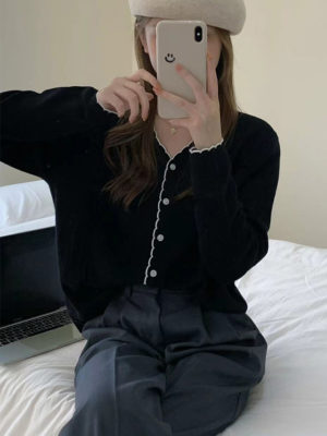 Áo cadigan lé viền cổ, nẹp áo Black