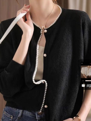 Áo cadigan trang trí cúc ngọc viền cổ, nẹp áo Black