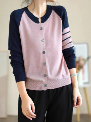 Áo cadigan phối màu cổ và tay áo Pink/Black