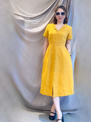Váy đầm cổ bẻ hàng cúc bọc Yellow2