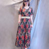 Váy đầm nhung hoa cổ tim dáng A xòe Red Floral