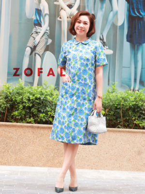 Váy đầm gấm cổ sen túi ốp Blue Floral