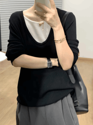 Áo len cổ tròn thân trước phối màu 2 lớp Black/White