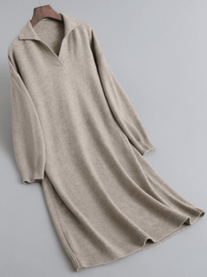 Váy đầm len suông cổ sơ mi Beige