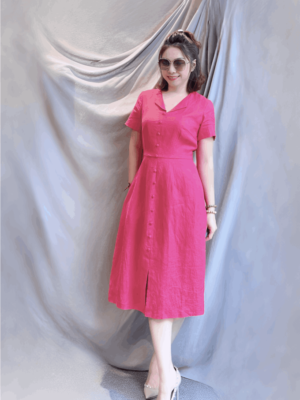 Váy đầm cổ bẻ hàng cúc bọc Hotpink