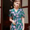 Váy đầm cổ tim cúc bọc dúm chân ngực Navy Floral 2