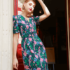 Váy đầm cổ tim cúc bọc dúm chân ngực Navy Floral