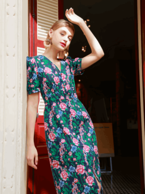 Váy đầm cổ tim cúc bọc dúm chân ngực Navy Floral