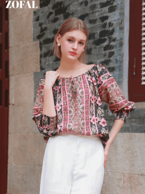 Áo trần chun cửa tay buộc nơ cổ Pink Floral