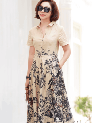 Váy đầm sơ mi cổ đức tròn xếp ly chân váy Print