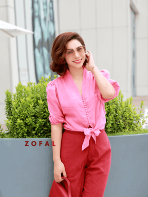Áo croptop mở cúc buộc tà Pink