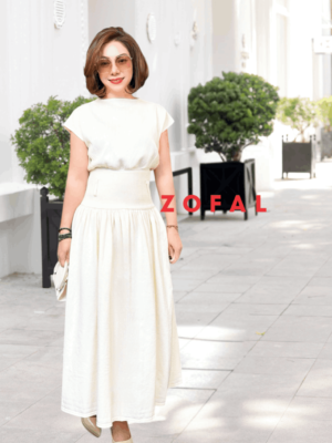 Set áo, chân váy len kèm đai White