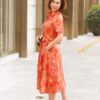 Váy đầm sơ mi cổ đức tròn xếp ly chân váy Red Floral 4