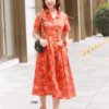 Váy đầm sơ mi cổ đức tròn xếp ly chân váy Red Floral