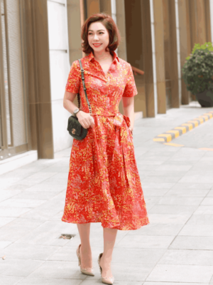 Váy đầm sơ mi cổ đức tròn xếp ly chân váy Red Floral
