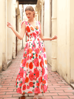 Váy đầm maxi chun eo nơ vai Pink Floral 3