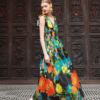 Váy đầm maxi chun eo nơ vai Black Floral