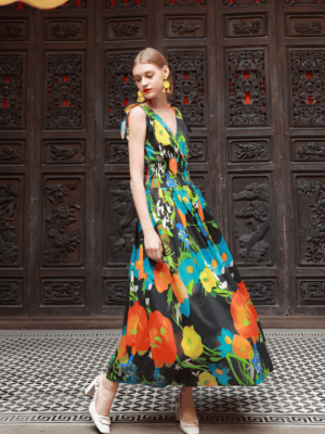 Váy đầm maxi chun eo nơ vai Black Floral