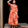 Váy đầm cổ sam can eo buộc đai Orange Floral