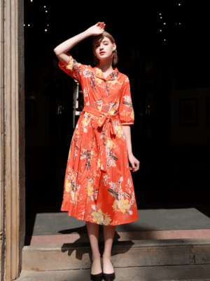 Váy đầm cổ sam can eo buộc đai Orange Floral