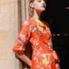 Váy đầm cổ sam can eo buộc đai Orange Floral 2