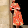 Váy đầm cổ sam can eo buộc đai Orange Floral 5