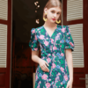 Váy đầm cổ tim cúc bọc dúm chân ngực Navy Floral 4