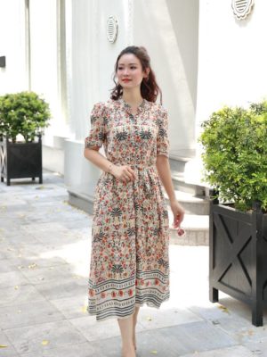 Đầm can dúm eo cổ tàu nhiều cúc bọc Print