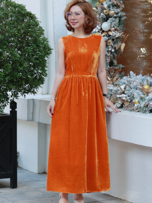 Đầm nhung gile can dúm eo Orange